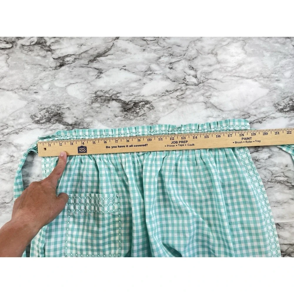 Half Apron Aqua Gingham Check White Cross-stitch Hand Made Pleated Vintage